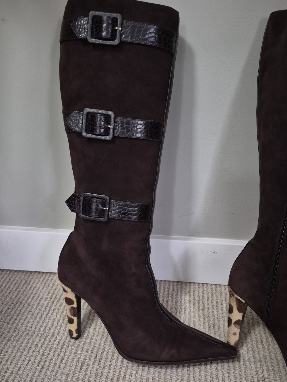 Valentino Garavani Dark Brown Suede Knee Boots with Leopard-Print Heel